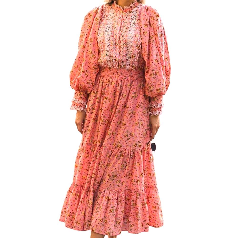 by TiMo NWT Eyelet Slub Cotton Midi Floral Dress Square Pink Size XL Boho Retro
